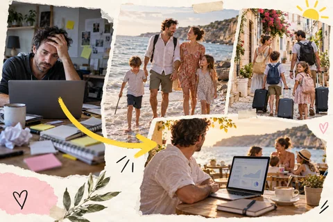 Illustration eines Wunschbilds: vom überfüllten Schreibtisch zu mehr Familienzeit, gemeinsamen Reisen und einem eigenen Online-Business.