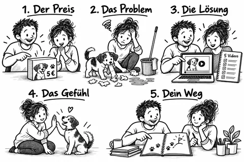 Originalskizze mit fünf Bausteinen eines Angebots: Preis, Problem, Lösung, Gefühl und Weg am Hundetraining-Beispiel.
