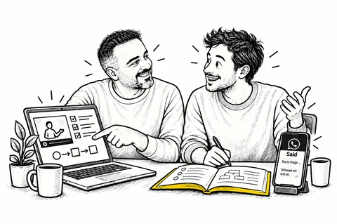 Illustration: Said und ein Leser besprechen die nächsten Schritte am Laptop.
