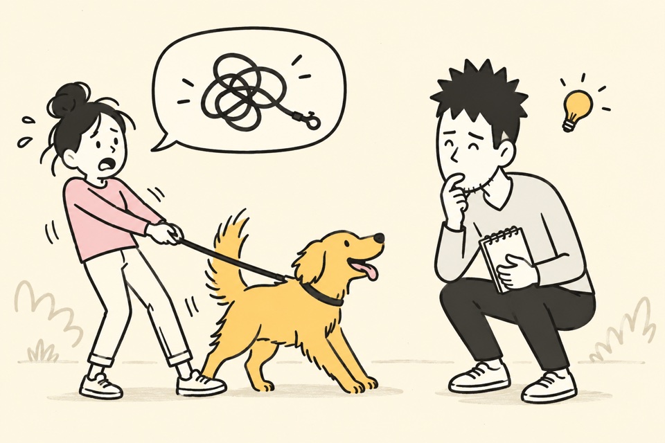 Die Figur aus dem Ideen-Karussell hört einer Hundehalterin zu, deren Hund an der Leine zieht, und denkt über ihr Problem nach.