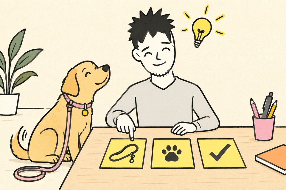 Derselbe Mann ordnet drei Lektionen zu einem klaren Plan. Neben ihm sitzt ein ruhiger Hund mit lockerer Leine.